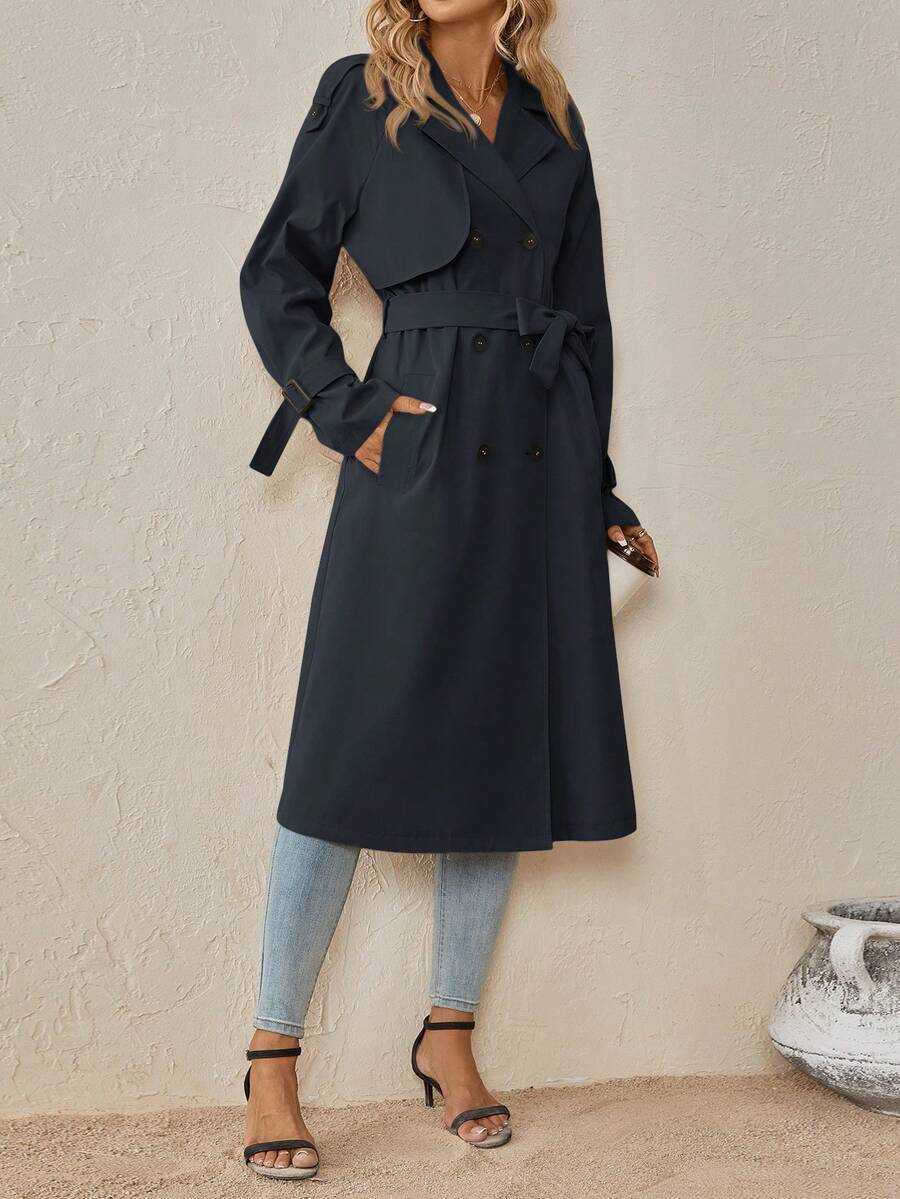 Delia Belted Double Breasted Trench Coat with Raglan Sleeves - Navy