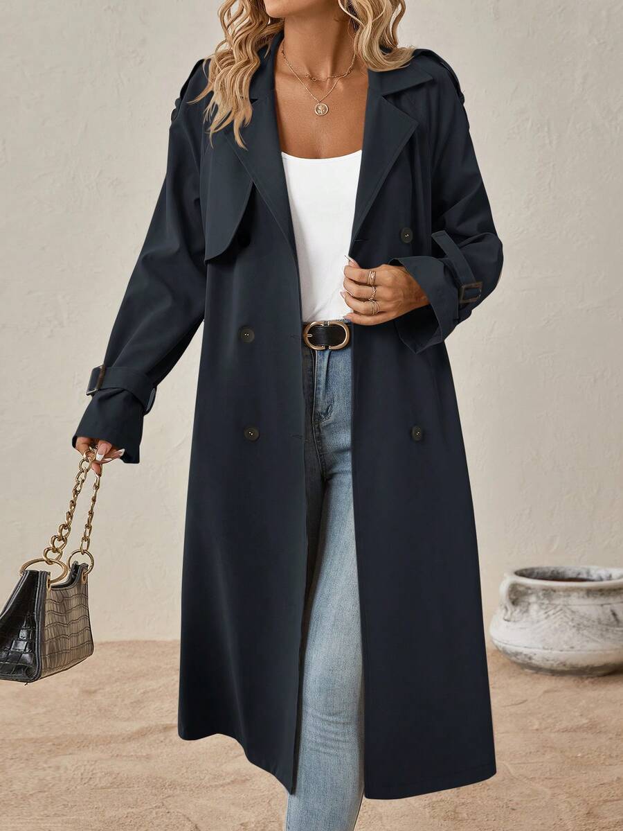 Delia Belted Double Breasted Trench Coat with Raglan Sleeves - Navy