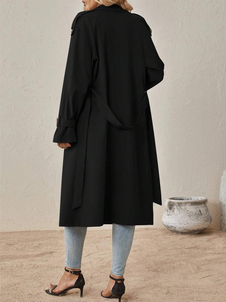 Delia Belted Double Breasted Trench Coat with Raglan Sleeves - Black
