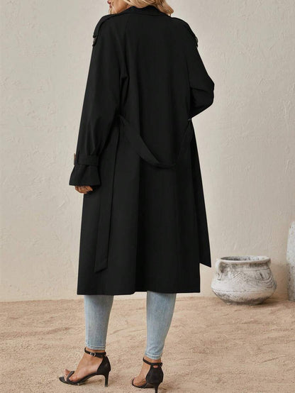 Delia Belted Double Breasted Trench Coat with Raglan Sleeves - Black