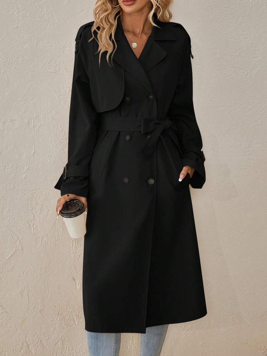 Delia Belted Double Breasted Trench Coat with Raglan Sleeves - Black