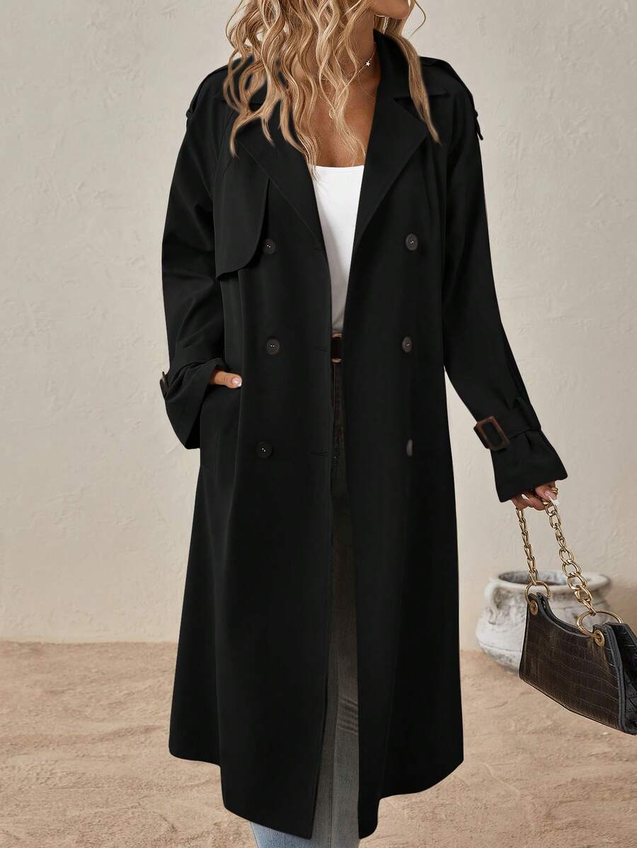 Delia Belted Double Breasted Trench Coat with Raglan Sleeves - Black