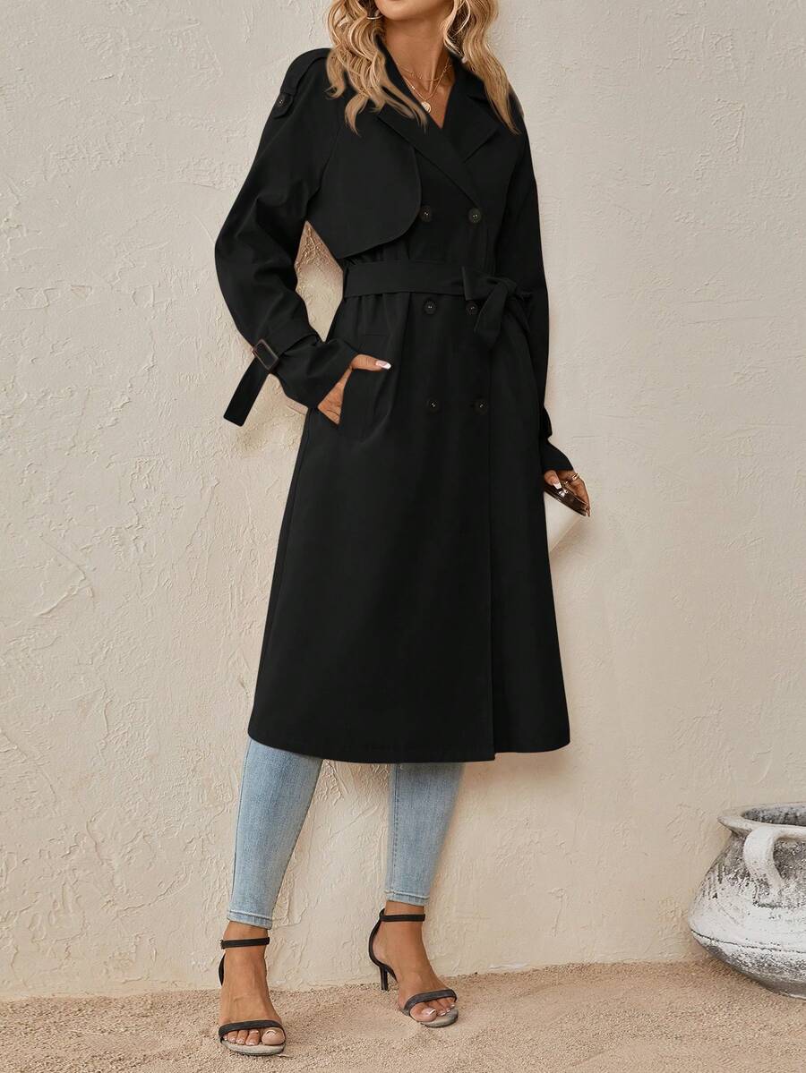 Delia Belted Double Breasted Trench Coat with Raglan Sleeves - Black