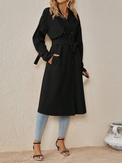 Delia Belted Double Breasted Trench Coat with Raglan Sleeves - Black