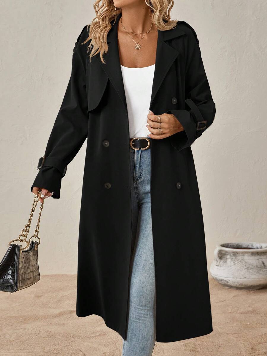 Delia Belted Double Breasted Trench Coat with Raglan Sleeves - Black