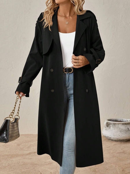 Delia Belted Double Breasted Trench Coat with Raglan Sleeves - Black
