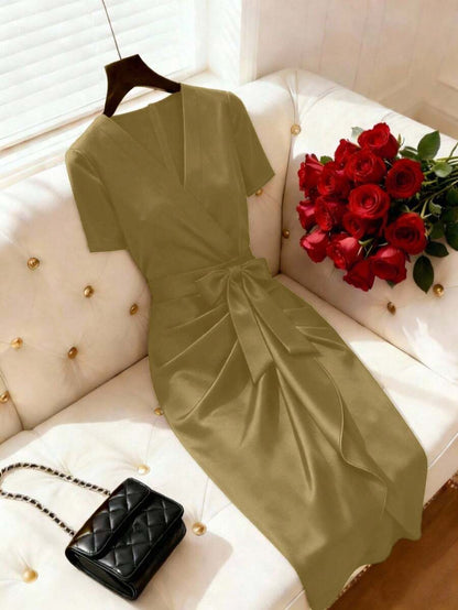Women's Satin Wrap V-Neck Midi Dress, Silky Dress for Wedding Guest and Evening - Burgundy
