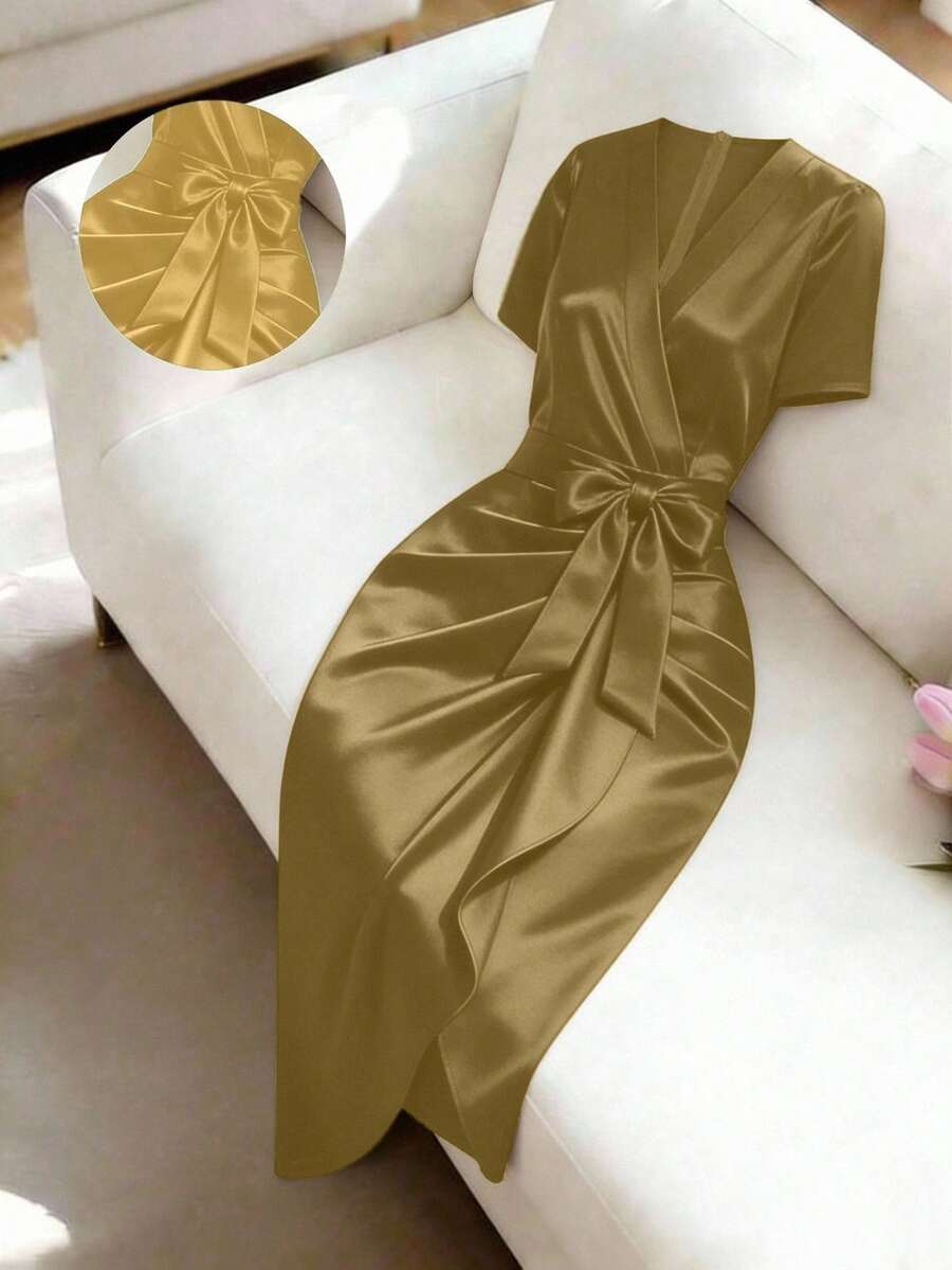 Women's Satin Wrap V-Neck Midi Dress, Silky Dress for Wedding Guest and Evening - Burgundy