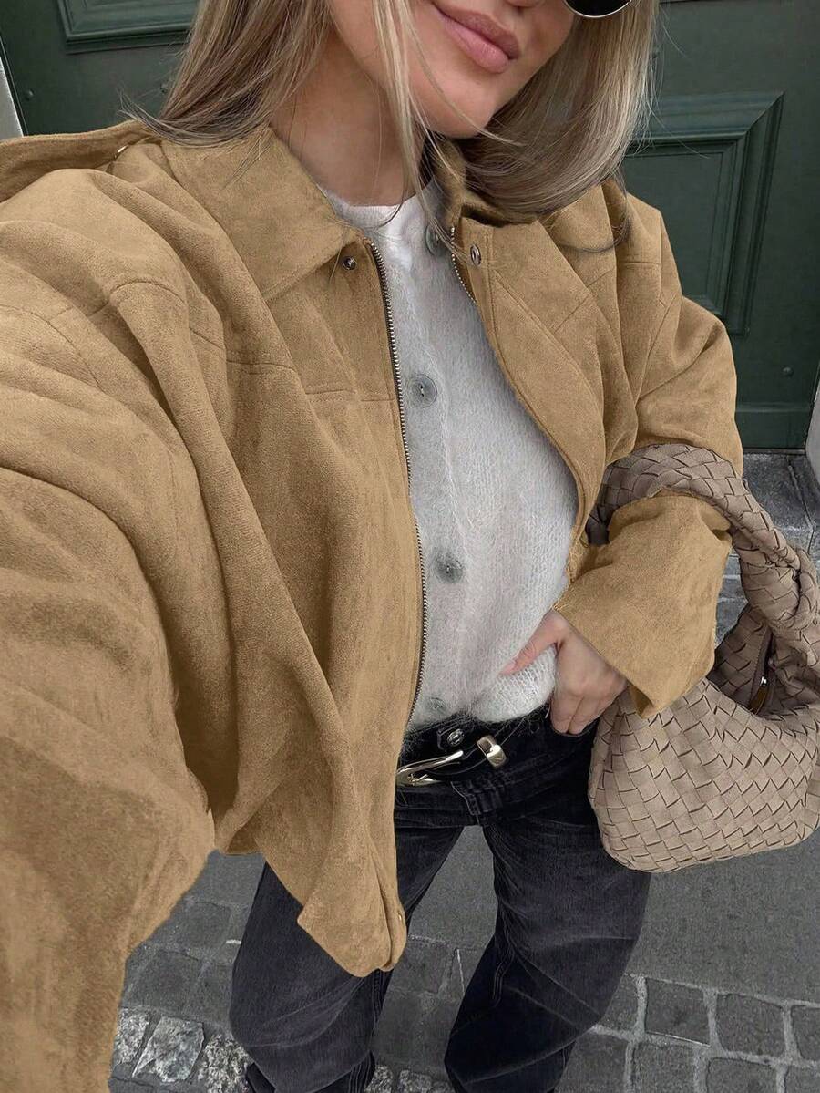 Sabrina Faux Suede Oversized Cropped Collared Jacket - Khaki