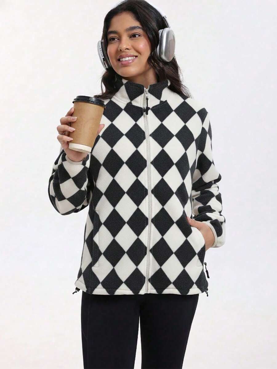 Gwendolyn Full Zip Fleece Jacket with Stand Collar and Pockets - Black White Diamond