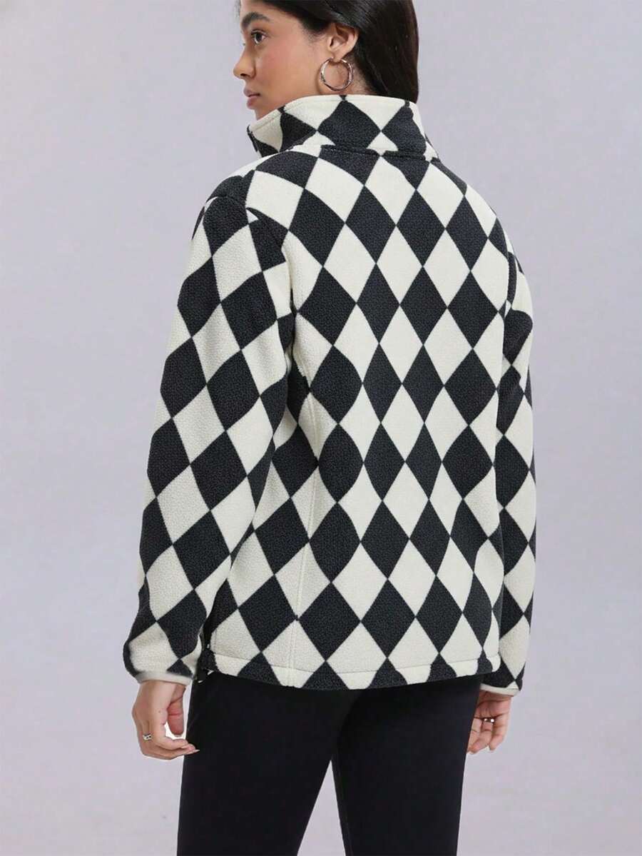 Gwendolyn Full Zip Fleece Jacket with Stand Collar and Pockets - Black White Diamond