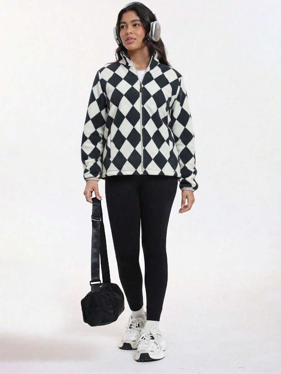 Gwendolyn Full Zip Fleece Jacket with Stand Collar and Pockets - Black White Diamond