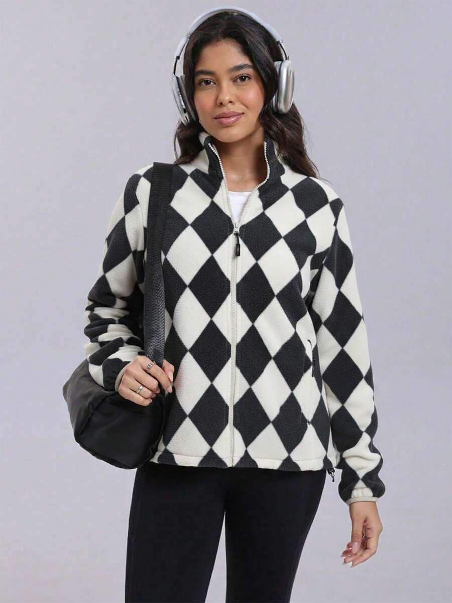 Gwendolyn Full Zip Fleece Jacket with Stand Collar and Pockets - Black White Diamond