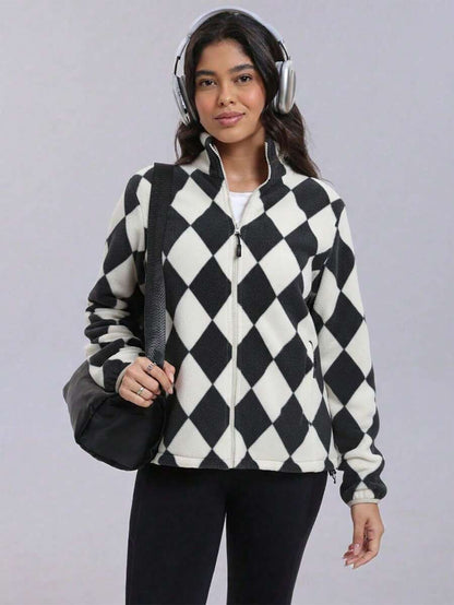 Gwendolyn Full Zip Fleece Jacket with Stand Collar and Pockets - Black White Diamond