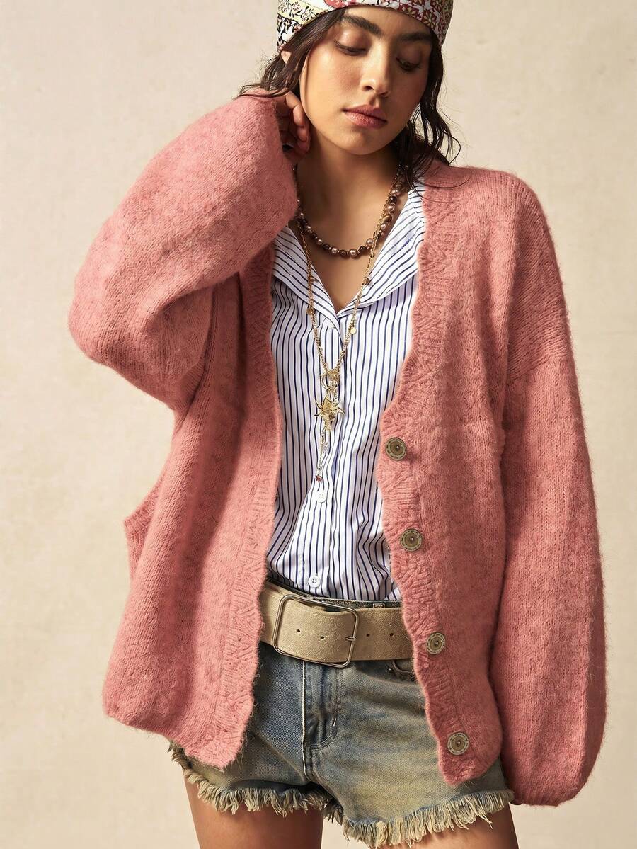 Megeve Oversized Fuzzy Knit Button Front Cardigan