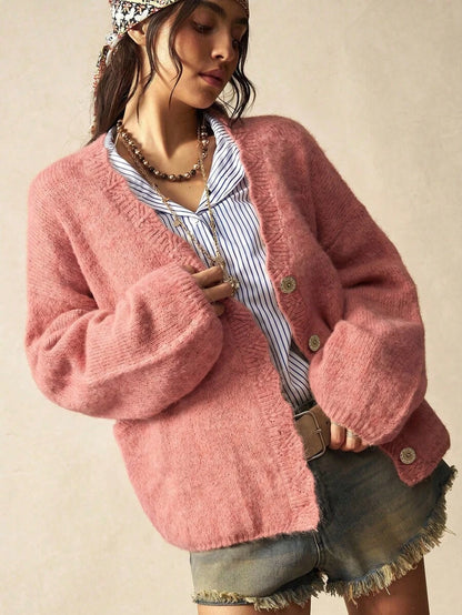 Megeve Oversized Fuzzy Knit Button Front Cardigan