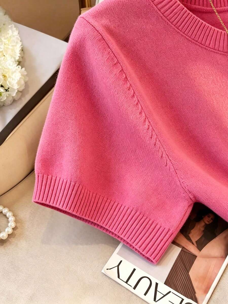 Women's Fine Knit Short Sleeve Top, Crew Neck Sweater Tee for Work and Layering - Purple