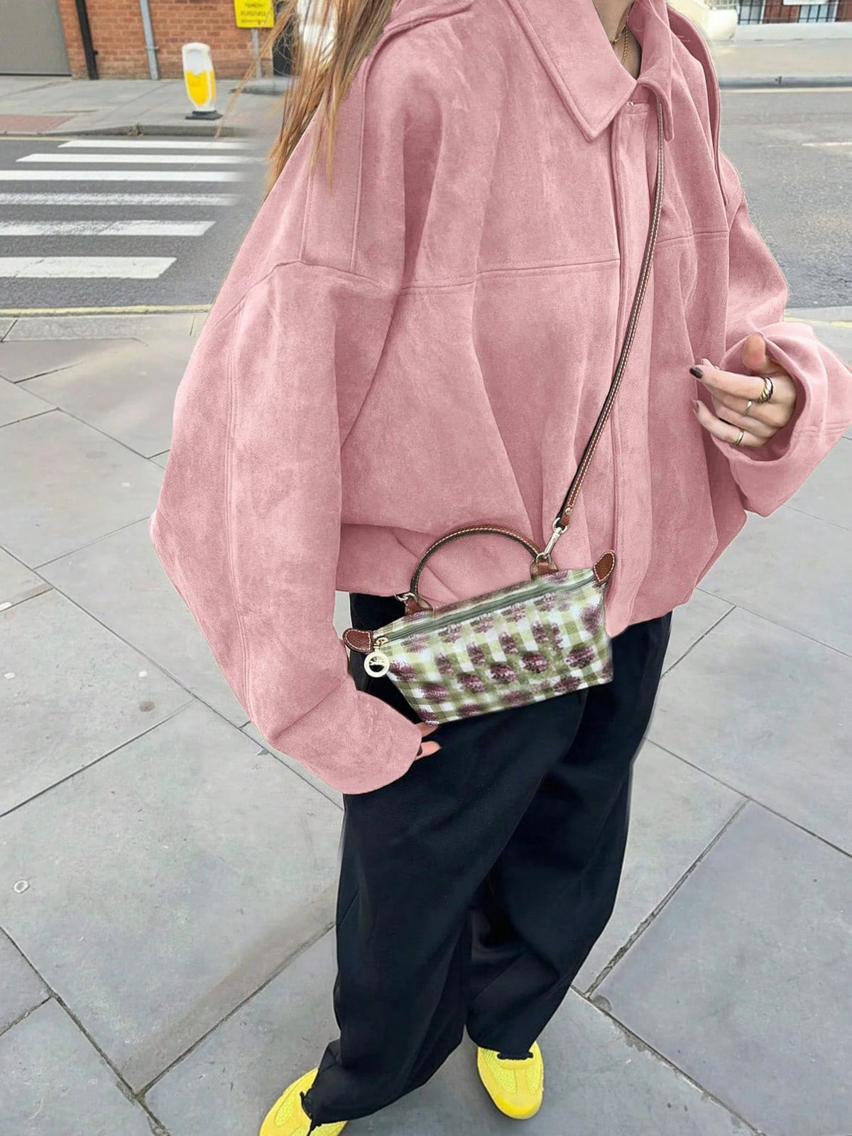 Sabrina Faux Suede Oversized Cropped Collared Jacket - Pink