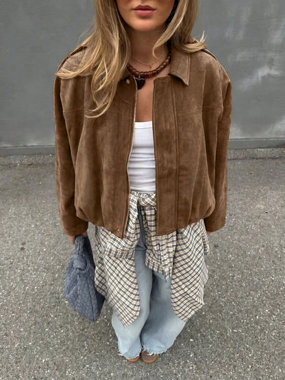 Sabrina Faux Suede Oversized Cropped Collared Jacket - Tobacco Brown