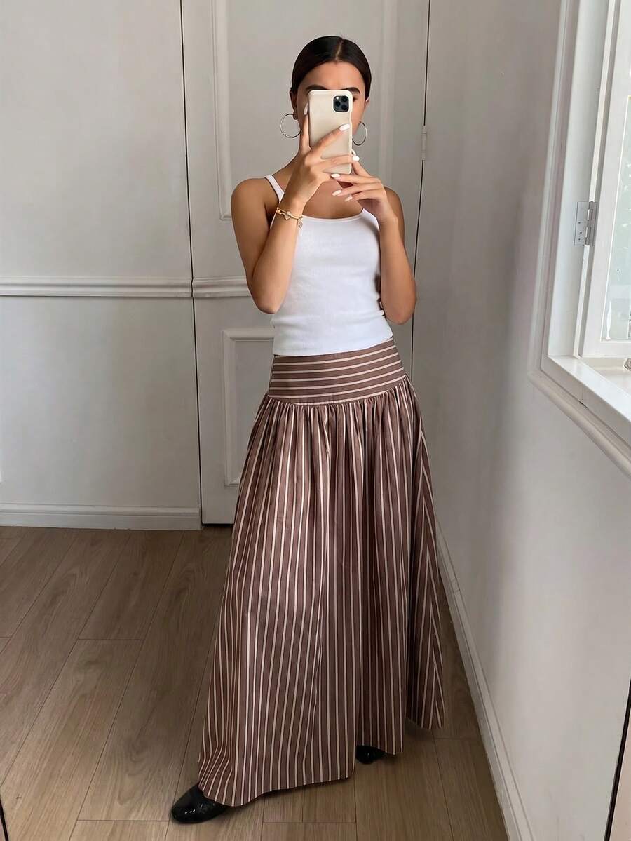 Cressida High Waist Wide Waistband Pleated Maxi Skirt - Brown Stripe