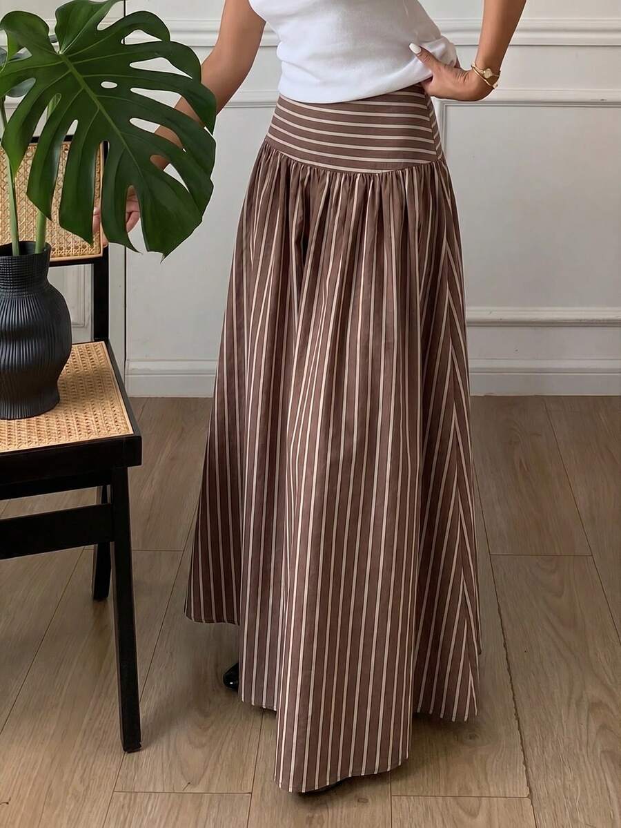 Cressida High Waist Wide Waistband Pleated Maxi Skirt - Brown Stripe
