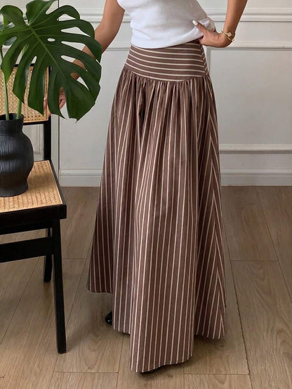 Cressida High Waist Wide Waistband Pleated Maxi Skirt - Brown Stripe