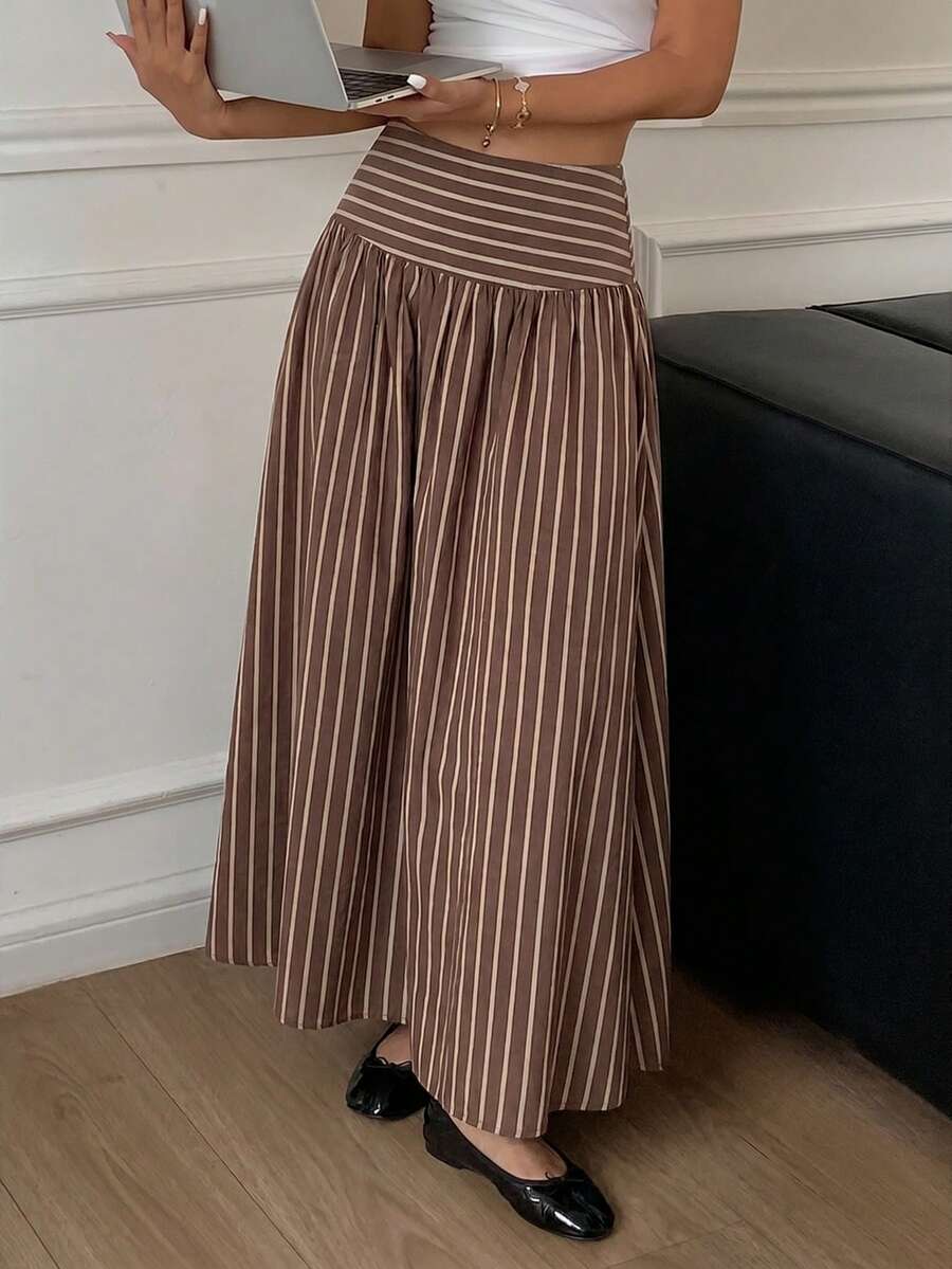 Cressida High Waist Wide Waistband Pleated Maxi Skirt - Brown Stripe