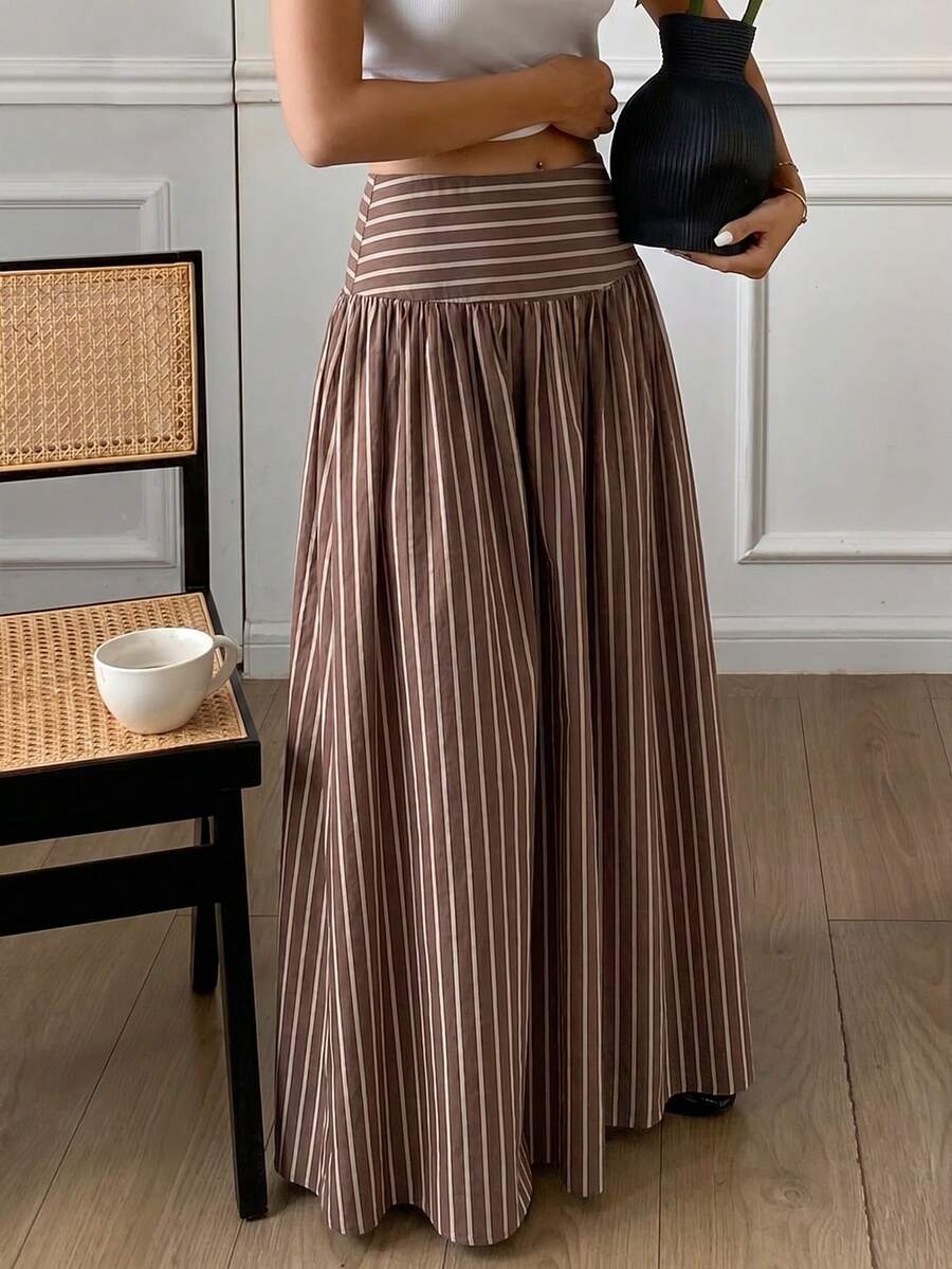 Cressida High Waist Wide Waistband Pleated Maxi Skirt - Brown Stripe