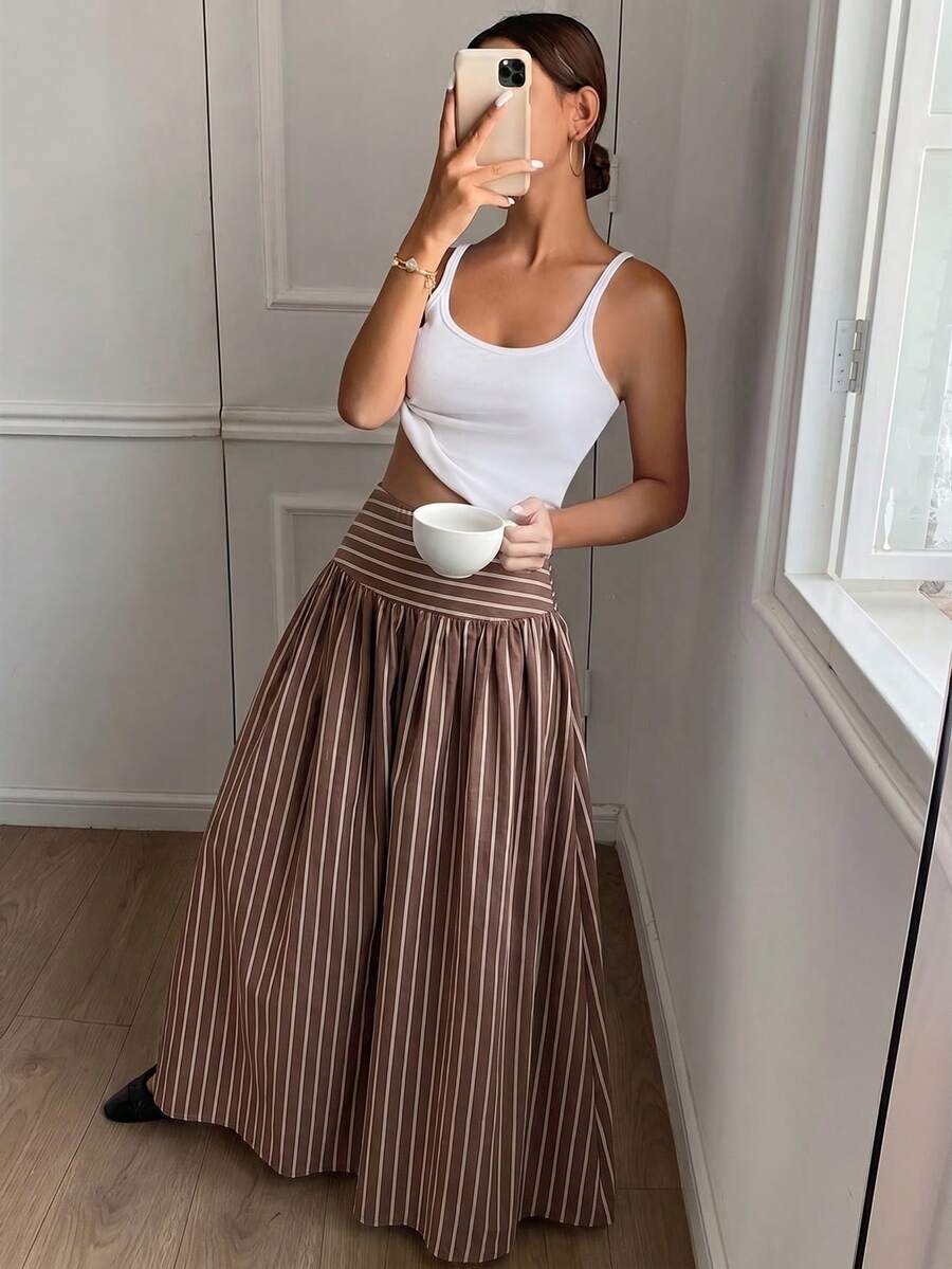 Cressida High Waist Wide Waistband Pleated Maxi Skirt - Brown Stripe