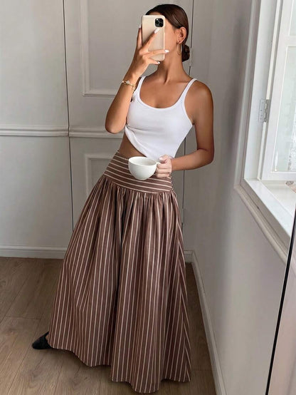 Cressida High Waist Wide Waistband Pleated Maxi Skirt - Brown Stripe