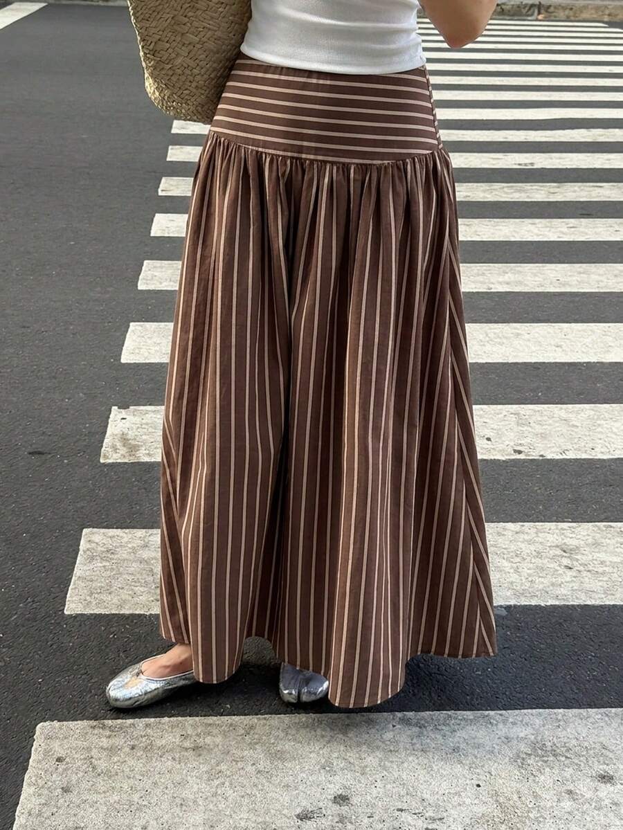 Cressida High Waist Wide Waistband Pleated Maxi Skirt - Brown Stripe