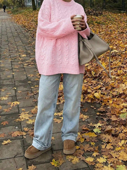 Solenne Oversized Chunky Cable Knit Sweater with Drop Shoulders - Pink