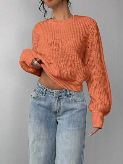 Aurelia Chunky Waffle Knit Crew Neck Relaxed Sweater - Orange
