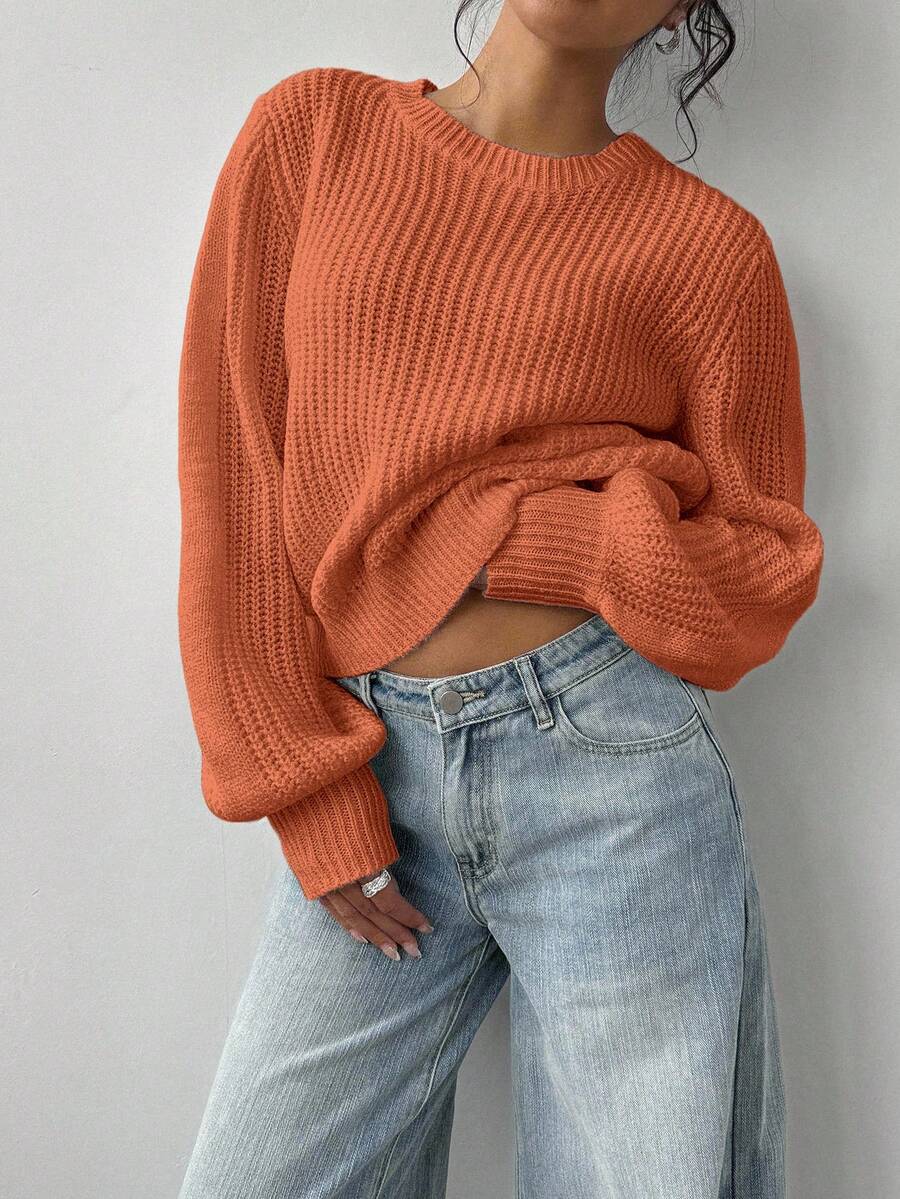 Aurelia Chunky Waffle Knit Crew Neck Relaxed Sweater - Orange