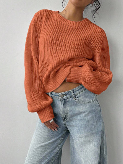 Aurelia Chunky Waffle Knit Crew Neck Relaxed Sweater - Orange