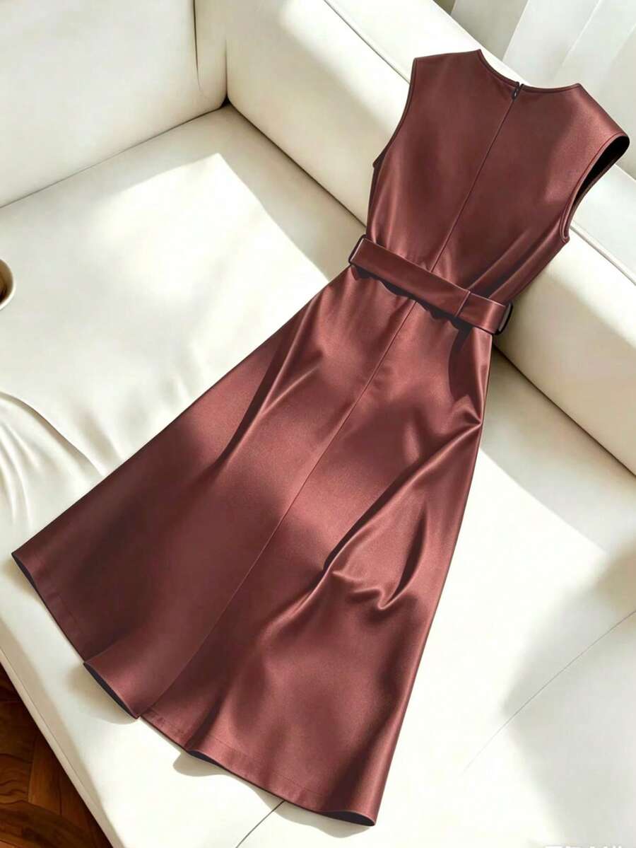 Women's Satin V-Neck Midi Dress, Fitted Silky Dress for Wedding Guest and Evening - Olive Green