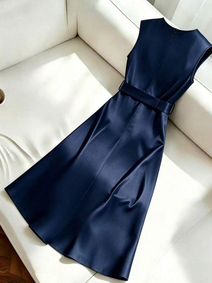 Women's Satin V-Neck Midi Dress, Fitted Silky Dress for Wedding Guest and Evening - Dark Green