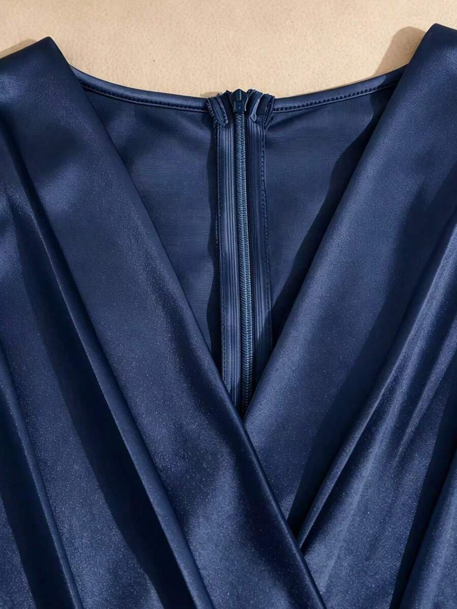 Women's Satin V-Neck Midi Dress, Fitted Silky Dress for Wedding Guest and Evening - Baby Blue