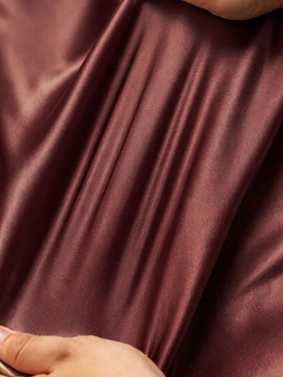 Women's Satin V-Neck Midi Dress, Fitted Silky Dress for Wedding Guest and Evening - Burgundy
