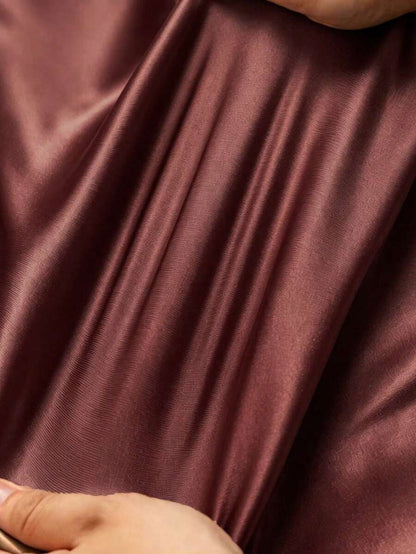 Women's Satin V-Neck Midi Dress, Fitted Silky Dress for Wedding Guest and Evening - Burgundy