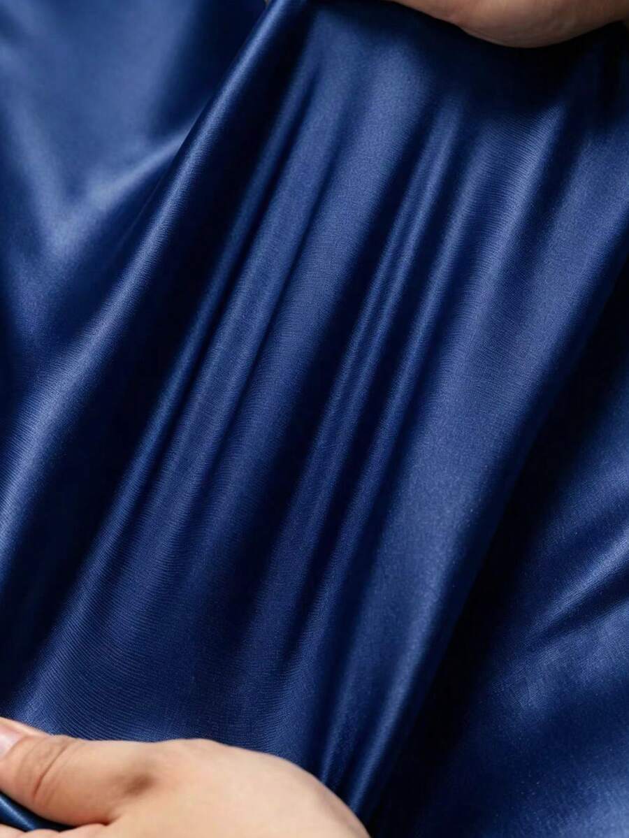Women's Satin V-Neck Midi Dress, Fitted Silky Dress for Wedding Guest and Evening - Dusty Blue