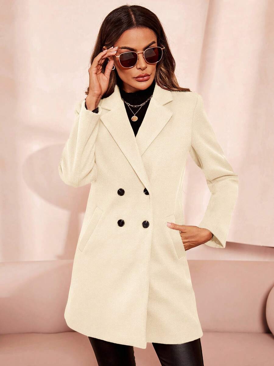 Aveline Double-Breasted Lapel Coat with Tailored Thigh-Length Cut - Grey