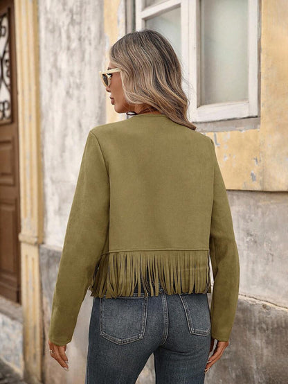 Evangeline Fringe Trim Open Front Crop Jacket - Mocha Brown