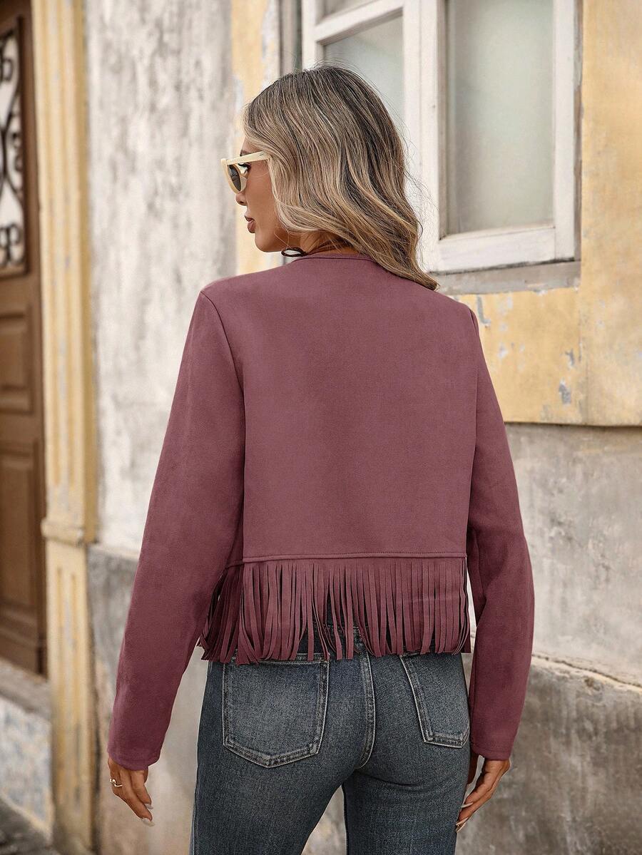Evangeline Fringe Trim Open Front Crop Jacket - Black