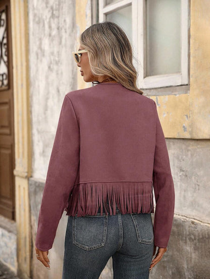 Evangeline Fringe Trim Open Front Crop Jacket - Black