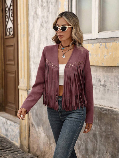 Evangeline Fringe Trim Open Front Crop Jacket - Khaki