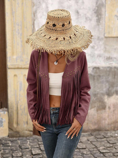 Evangeline Fringe Trim Open Front Crop Jacket - Blue