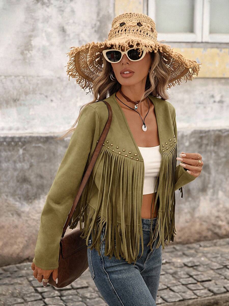 Evangeline Fringe Trim Open Front Crop Jacket - Green