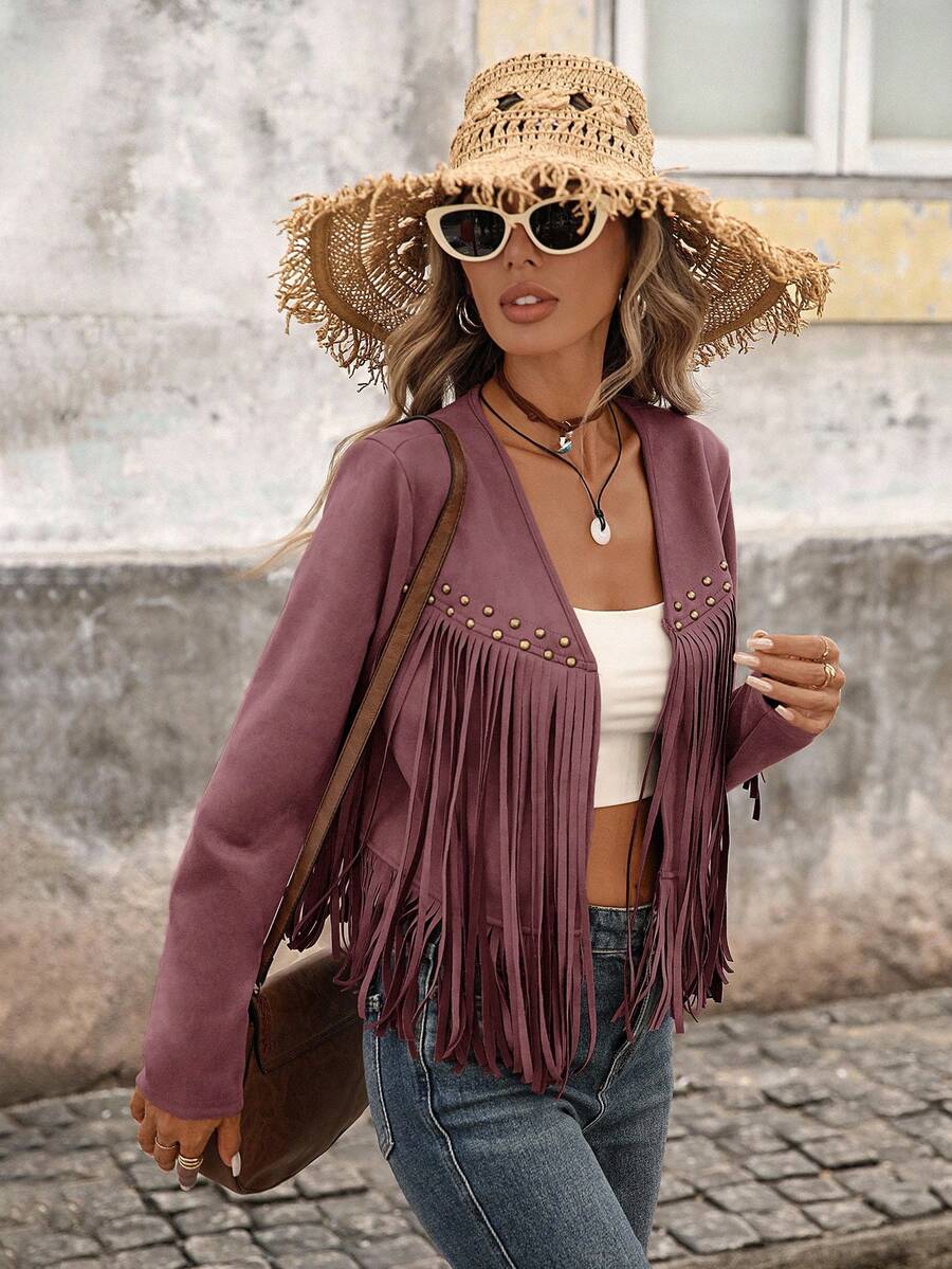Evangeline Fringe Trim Open Front Crop Jacket - Brown