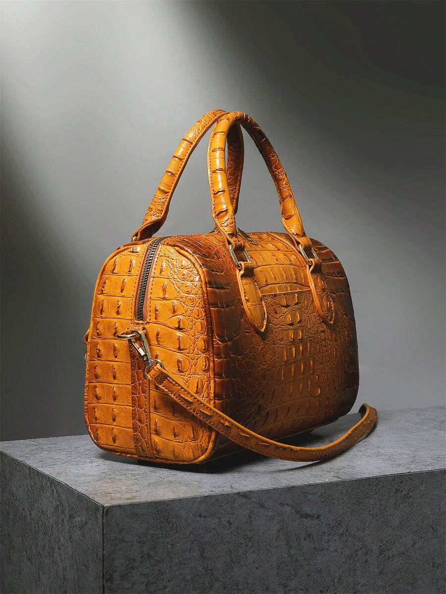 Verbania Croc Embossed Top Handle Boston Bag